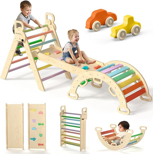 BlueWood Pikler Triangle Set with Safe Handle, Foldable 7-in-1 Montessori Toddler Climbing Toys Indoor, Wooden Pickler Climbing Set, Baby Jungle Gym & Playground, Climbing Toys for 1-3 Year, Colorful