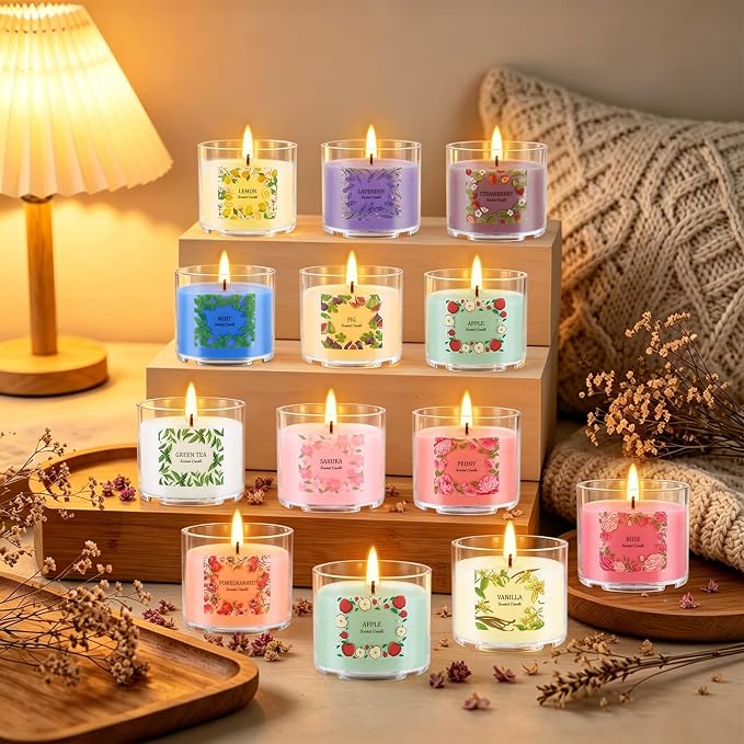 Scented Candles Gift Set, 24 Pack 2oz Soy Wax Aromatherapy Candles with 12 Fragrances, Long Lasting Smokeless Candles in Clear Acrylic Cups with Cotton Wick, Birthday Gifts for Women, Home Decor