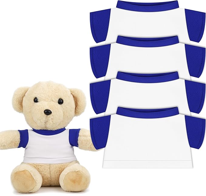4 PCS Stuffed Bear Basic T Shirt Clothes for 10-12Inch, T Shirt Classic Crew Neck Bear, Cute Tiny Clothes DIY Bear Toy (10-12 Inch,White+Bule)
