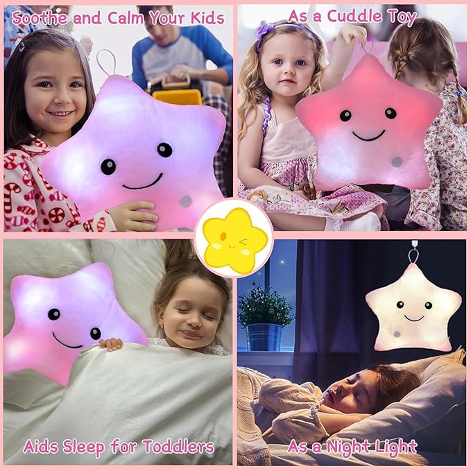 Subao Sensory Toys for Kids with Autism,14" Light Up Star Soft Plush Toddler Pillow,Autism Sensory Products,Stress Relief Kids ADHD Toys,Birthday Xmas Easter Gifts for Girls 3 4 5 6 7 8 9 10 Pink