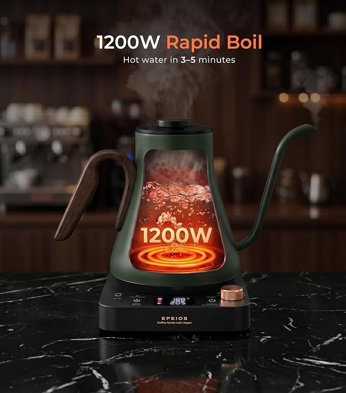 Epeios Electric Kettle, Gooseneck Electric Kettle with ±1°F Temperature Control, 1200W Rapid Heating for Pour Over Coffee & Tea, 304 Stainless Steel Interior, Auto Shut-Off, 0.9L, Green
