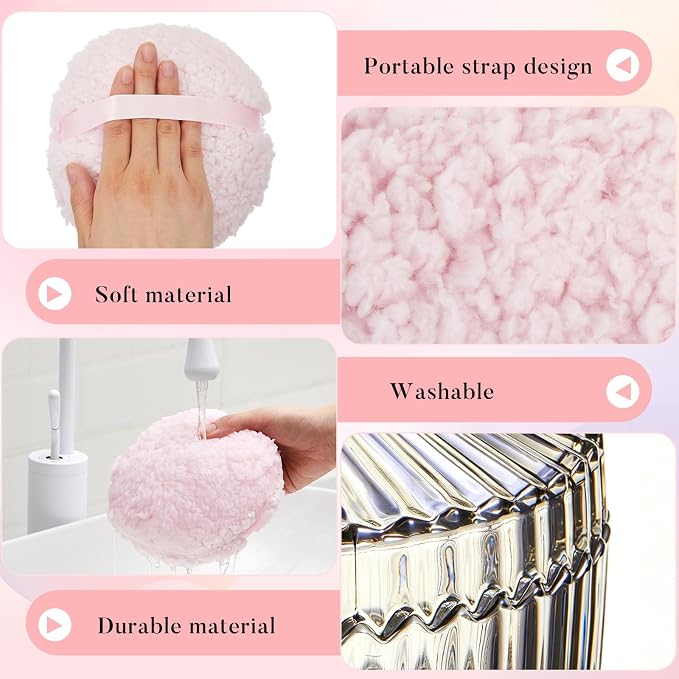 Tioncy 2 Pcs Extra Large Dusting Powder Puff and Container for Women-6'' Glass Crystal Dusting Powder Container Soft Washable Reusable Velour Face (Tawny,Classic)