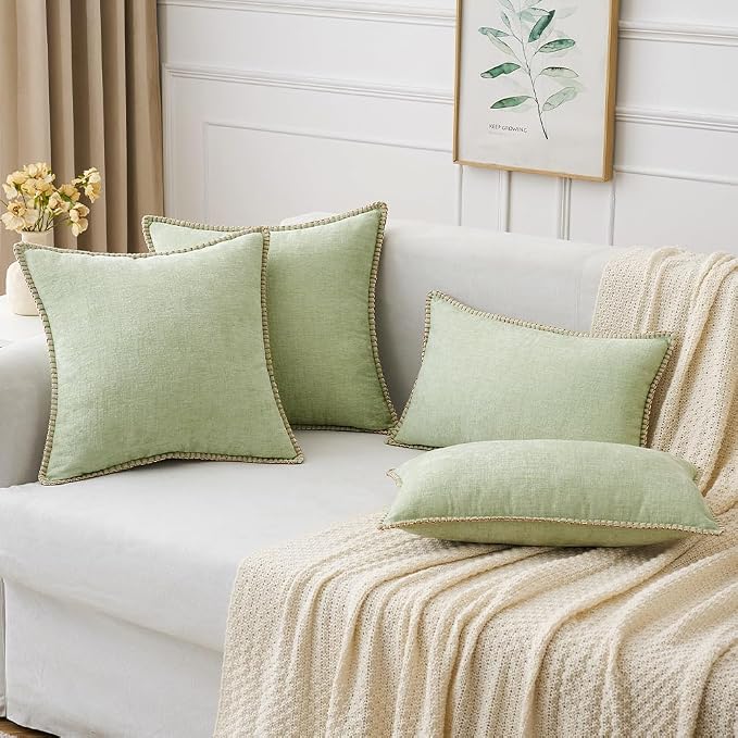 MIULEE Decorative Lumbar Throw Pillow Covers 12x20 Inch Light Green 2 Pack | Farmhouse Pillow Covers with Stitched Edge, Soft Chenille Cushion Cases, for Couch Sofa Bed Living Room Home Decor