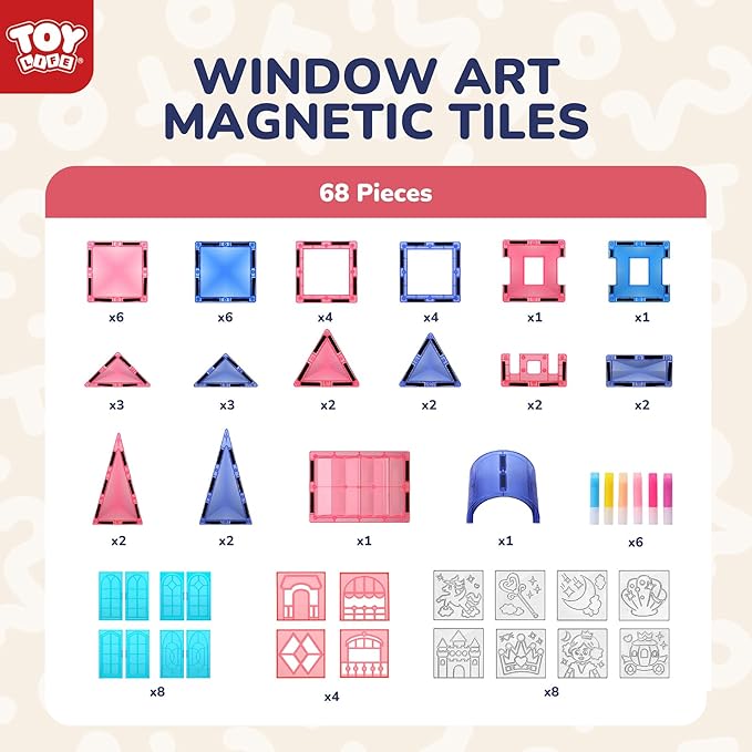 TOY Life Magnetic Tiles 68pcs Princess Castle Magnet Tiles with Windows Art, Building Toys Girls Magnet Tile for Toddlers 3+, Magnetic Tile Art for Kids Ages 4-8, Craft Toys Gifts for Kid