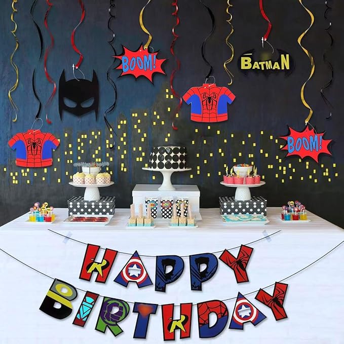 LINGTEER Superhero Decorations Set - Happy Birthday Bunting Banner Superhero Hanging Swirls Streamers Action Sign Perfect for Kids Birthday Party Decorations.