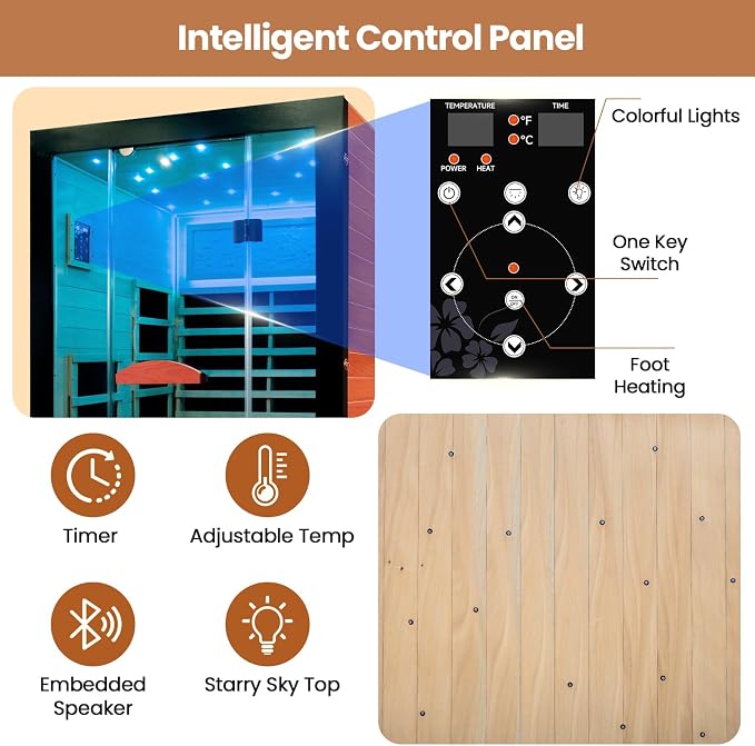 2 Person Infrared Sauna Far Infrared Sauna Room for Home Indoor 2000W Low-EMF Wood Dry Sauna with Full Starry Sky Lights Ceiling in 7 Color Speaker Fast Heating Easy Assembly- 47.3*41.3*74.8 IN