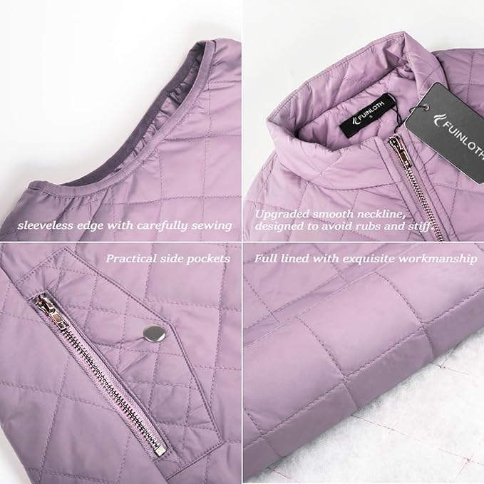 Fuinloth Women's Quilted Vest Lightweight Puffer Stand Collar Zip Gilet | 4 pockets with 2 inner storage. Quilted padded warm gilet. Fall winter outerwear layering vest for travel hiking daily wear.