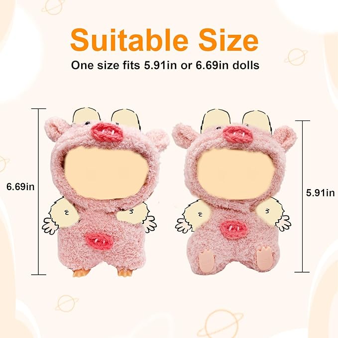 17cm (6.7 Inch) Doll Clothes – Soft Plush Animal Jumpsuit for Mini Keychain Dolls, Pig Costume Outfit, Pink Fuzzy Collectible Display Gift (Doll Not Included)(Pink Piggy)