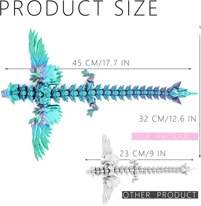 ACOCOFE 3D Printed Dragon with Wings, 18 inch Flying Articulated Winged Dragon, Mystery Crystal Dragons,Home Office Decor Gift(RainbowC)