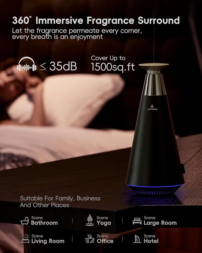 All-Metal Waterless Scent Diffuser Kit – 1500 Sq.Ft Coverage, Wireless Rechargeable,App Control, Mood Light, Hotel Scent Diffuser, Includes 5×15ml Essential Oils, for Home,Large Room,Spa,Black