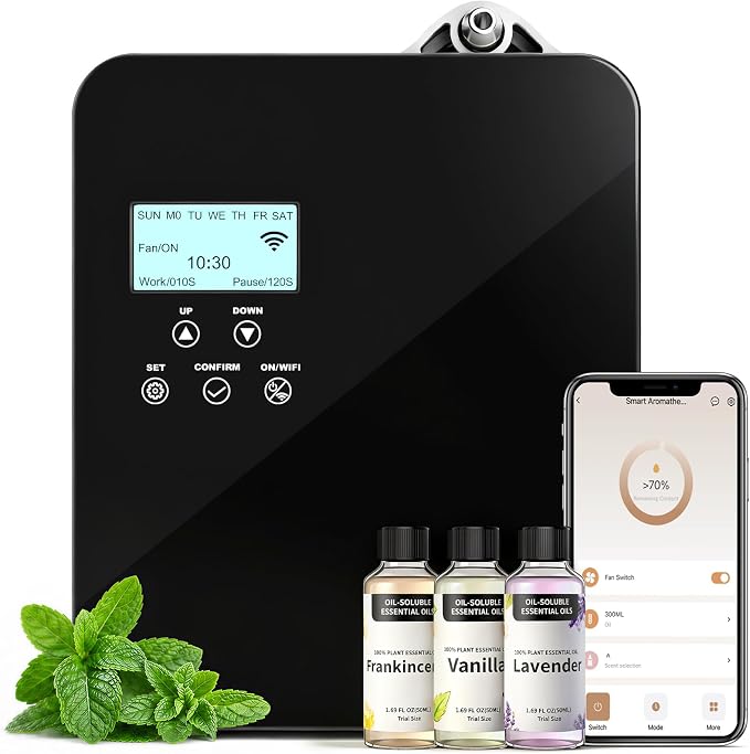 Smart Scent Diffuser HVAC Systems - 3500 Sq.Ft Whole-Home Coverage for Hotel & Home Aroma, 300mL Waterless Cold Air Oil Diffuser with App & Touchscreen Control (Black)