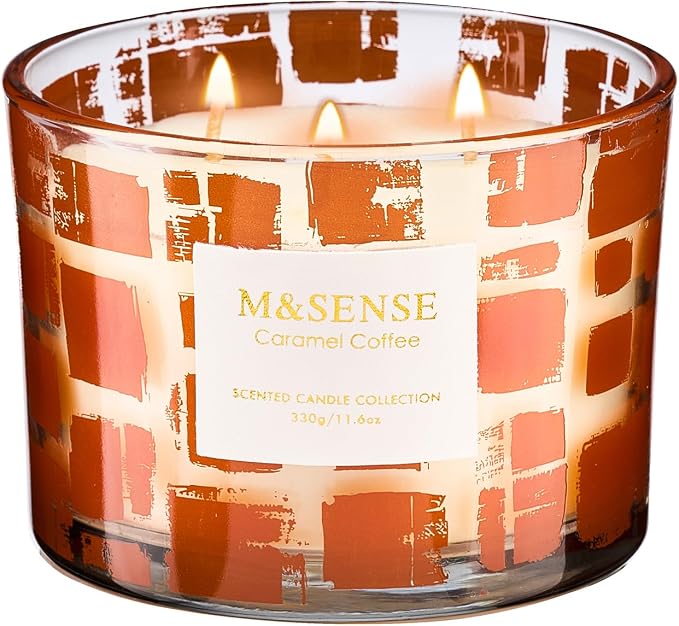 M&SENSE 3 Wick Caramel Coffee Scented, 11.6oz 60H Slow Burn, Soy Organic Wax Non Toxic Long Lasting, Jar Candle for Coffee Lover, Relaxing Aromatherapy Gifts for Women