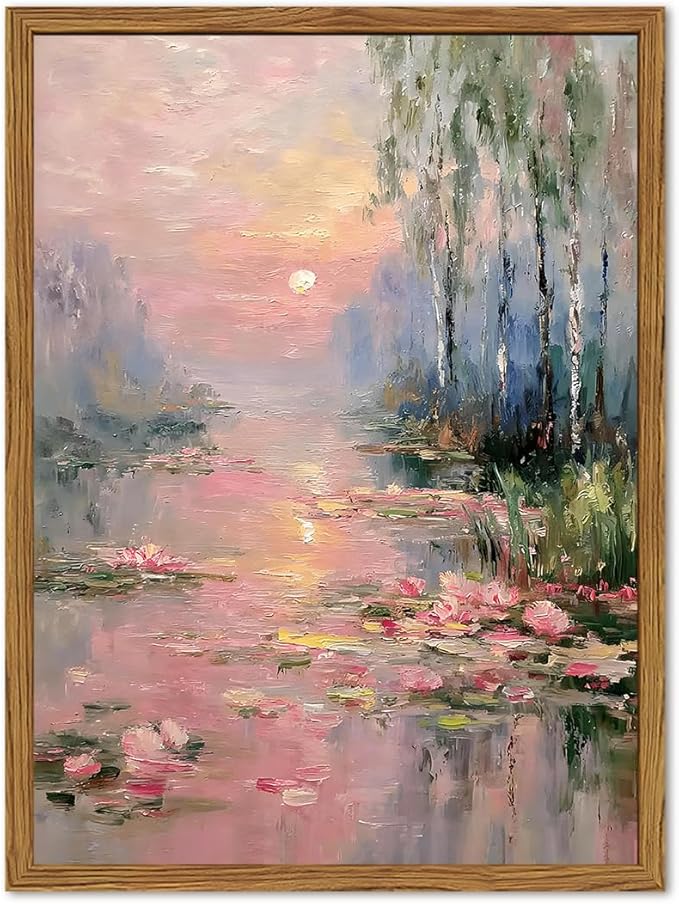 Framed Vintage Monet Canvas Wall Art, Pink Water Lilies Floral Pictures Wall Decor, Impressionist Sunset Landscape Paintings Prints Nature Aesthetic Artwork for Living Room Bedroom 12x16 inch