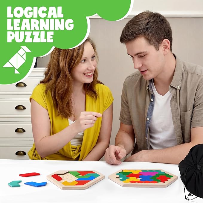 Yunsailing 3 Pack Hexagon Tangram Puzzle Wooden Brain Puzzles with Storage Bag Challenge Wood Russian Blocks Brain Teasers Geometric Jigsaw Block Logic Iq Stem for Family Party Gifts (Multilateral)