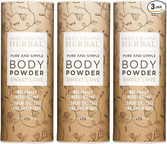 Body Powder for Women, Cornstarch and Talc Free Powder, Bath and Dusting Powder, Amber Oil, Frankincense Essential Oil, Ylang-Ylang, Vanilla, Warm Scent, Ora's Amazing Herbal, Sweet Love 2.5 oz 3 pack