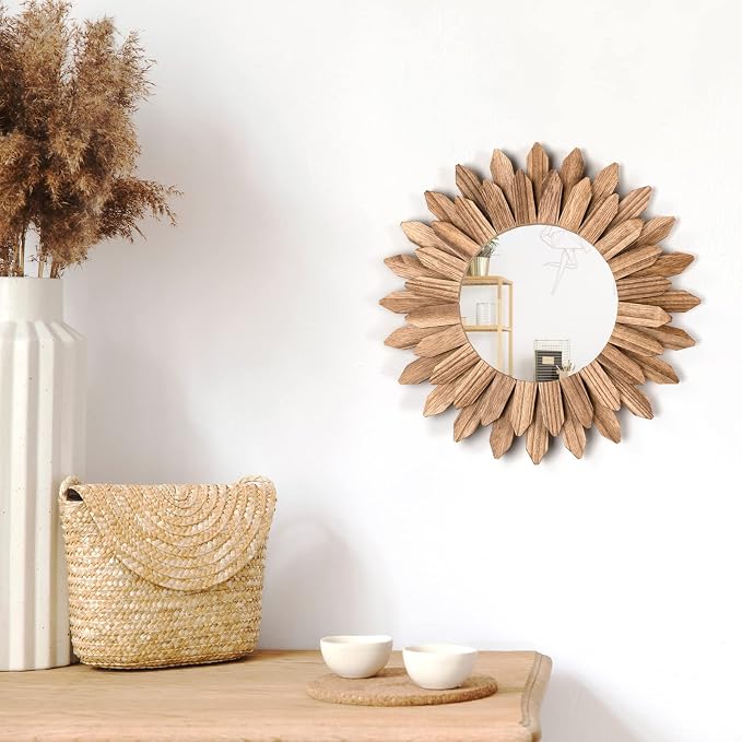 Wall Mirror Decorative 12 inch Rustic Wood Mirror Sunburst Boho Mirror for Entryway Bedroom Living Room Bathroom House Warming Gifts New Home Essential Carbonized Black