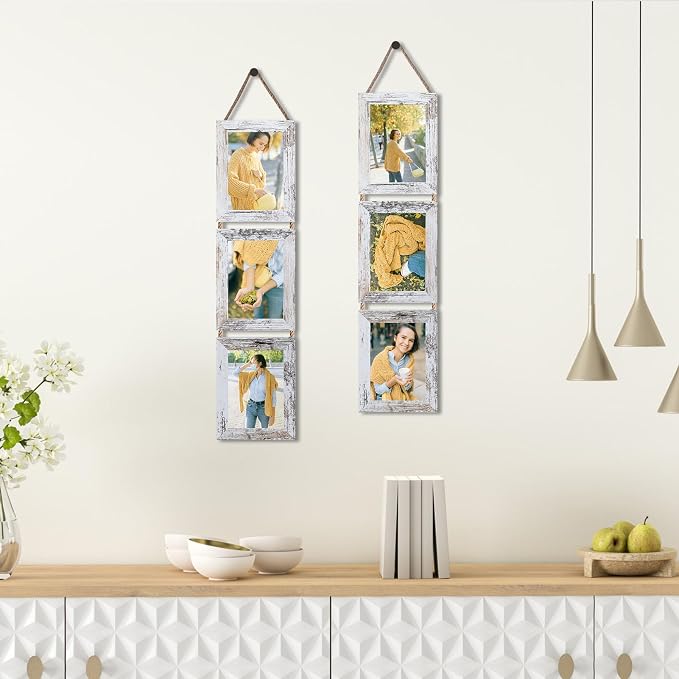 QUTREY 5x7 Collage Picture Frames, 6 Openings Hanging Photo Frame Set Display Vertical 5 by 7 inch Pictures for Wall Decor, Distressed White, 2 Pack
