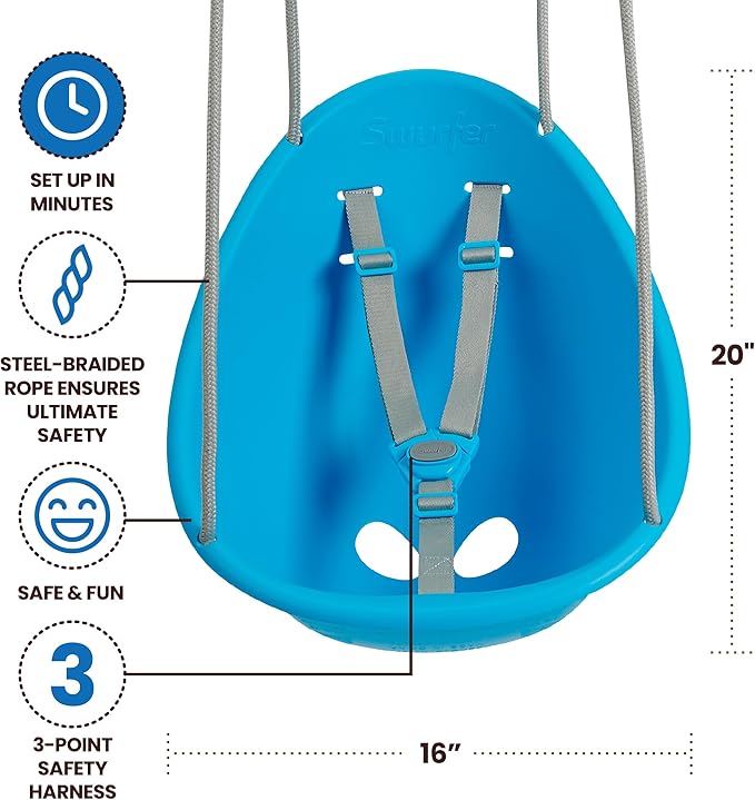 Swurfer Coconut Toddler Swing – Comfy Baby Swing Outdoor, 3- Point Adjustable Safety Harness, Secure, Safe Quick Click Locking System, Blister-Free Rope, Easy Installation, Ages 6-36 Months