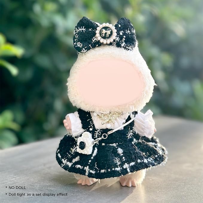17cm Doll Clothes Set and Accessories Suit,(NO Doll) 5-Piece Set, Clothes for labubu, Festival Gift, Includes Dress, White Clothes，Matching Hair Bow, Necklace, Bags(Black)