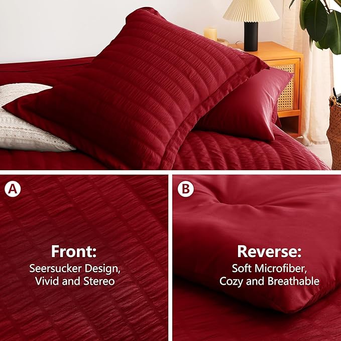 CozyLux King Size Comforter Set Dark Red Seersucker 7 Pieces Bed in a Bag King Comforter Set with Sheets, Luxury Soft Bedding Sets with Down Alternative Comforter, Sheets, Pillowcases & Shams