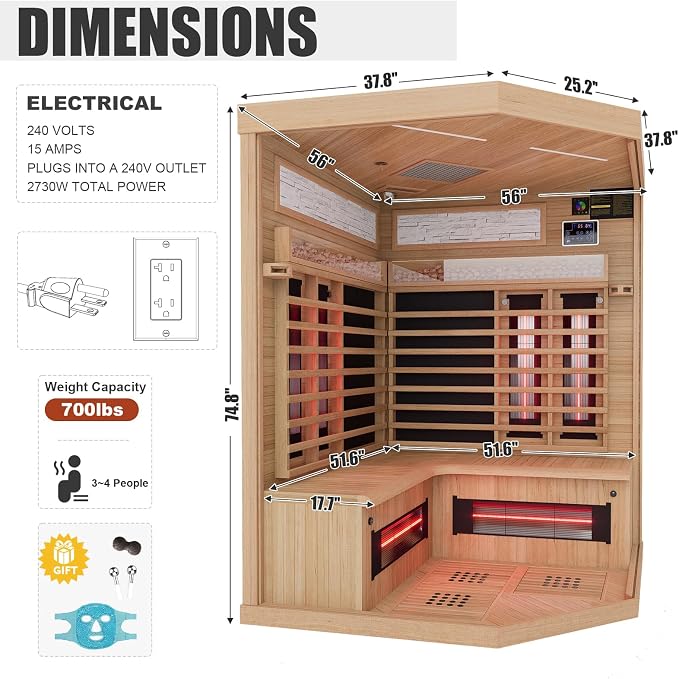 MEISSALIVVE Full Spectrum Infrared Sauna，4 Person Home Sauna，Wooden Canadian Hemlock Luxury Indoor Spa Sauna with Resonance Speaker, Panoramic Tempered Glass Door
