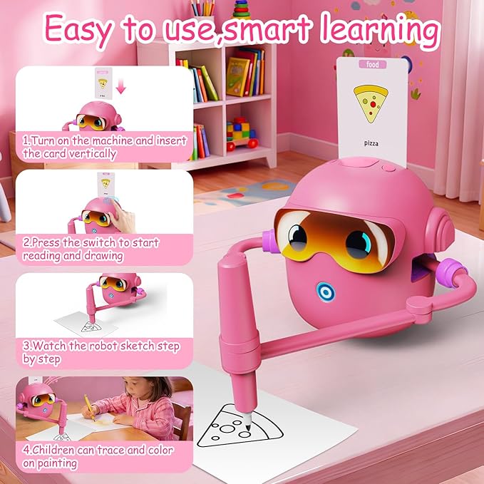 Custer's Night Drawing Robot for Kids - Montessori Painting Toys for 3 4 5 6 7 8 Year Old, Voice Interactive Educational Drawing Machine with 100 Cards,12 Colorful Pens & Music-Gift for Boys Girls P