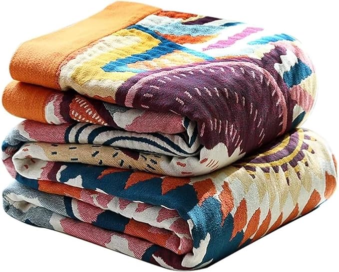 Boho Throw Blanket for Bed 100% Cotton Bohemian Blankets Ultra Soft Woven Muslin Decorative Blankets All Seasons Vintage Quilt Knitted Blanket for Sofa Chair (Colorful, 80"x90")