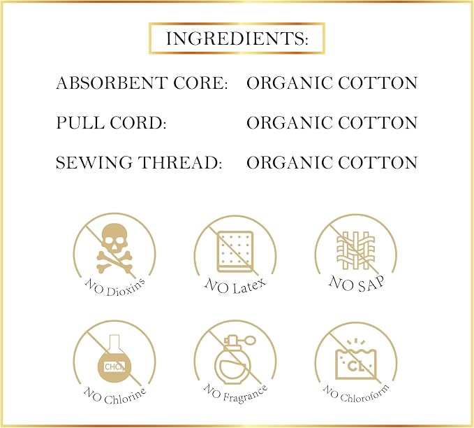 Elixir by Cocó March Organic Cotton Tampons for Women – Certified Organic, Hypoallergenic, Biodegradable Tube, Pull Cord, Sewing Thread, No Harsh Chemicals, High Absorption – Regular 16 Count