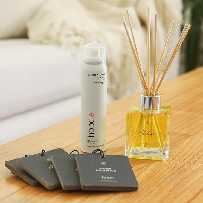 Doctor Aromas Gift of Hope Bundle: Essential Oil Reed Glass Jar Diffuser Set + Room Spray + 4X Car Perfume – Elegant Odor Eliminator and Air Freshener Scent Aromatherapy Gift