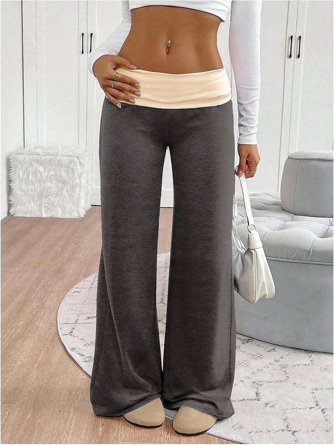 SOLY HUX Women's Sweatpants Color Block Low Rise Fold Over Waist Baggy Wide Leg Pants