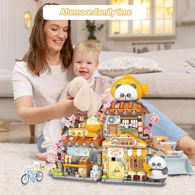 Cute Panda Mini Building Blocks Set, 858PCS MOC Mini Architecture Building Kits with Taiyaki Shop Street View Design - STEM Educational Construction Gift for Girls Boys Kids Adults