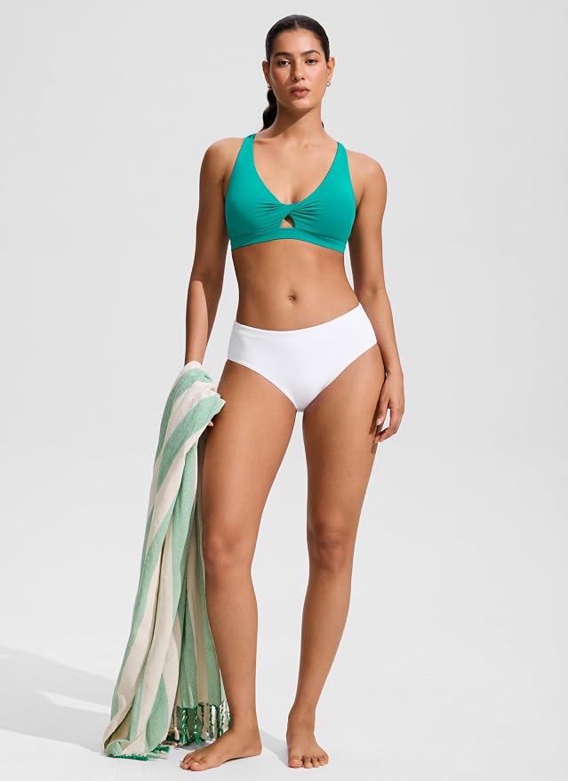 CRZ YOGA Twist Front Cut Out Bikini Tops for Women - Padded V Neck Spaghetti Strap Criss Cross Swim Bathing Suit Bra