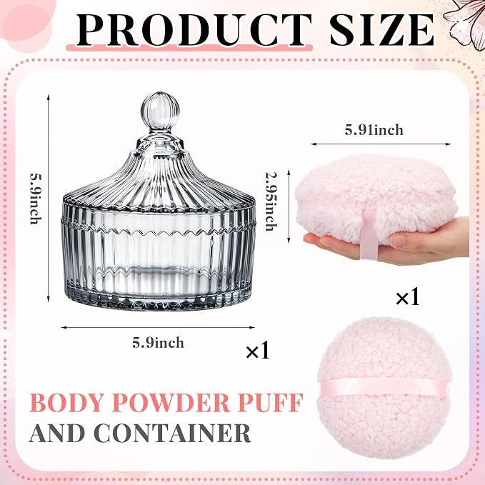 Tioncy 2 Pcs Extra Large Dusting Powder Puff and Container for Women-6'' Glass Crystal Dusting Powder Container with Body Soft Washable Reusable Velour Face(Gray,Classic)