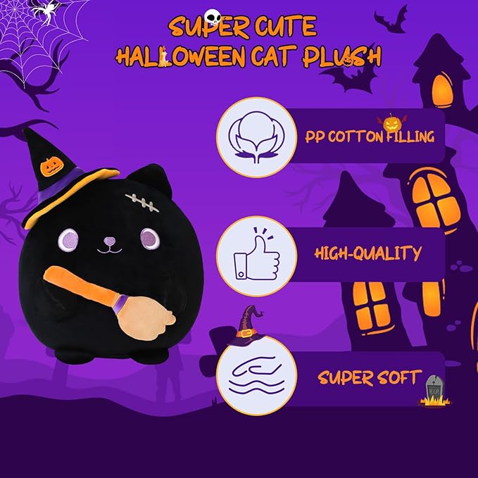 Halloween Cat Stuffed Animal Toy Mysterious Witch with Broom Stuffed Plush Home Decor Halloween Party Gifts for Kids Girls and Boys（Witch Broom Cat 10 Inch）