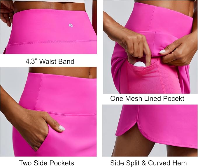 PINSPARK 18" Skorts for Woman Above Knee Length Golf Skirts 3 Pockets | High Waist, Built in Shorts, UV Protection, 4-Way Stretch, Soft, Dolphin Hem, Athletic, Tennis, Pickleabll, Casual
