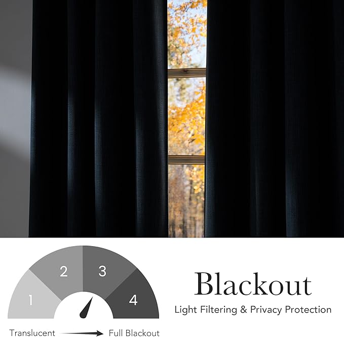 NICETOWN Navy Blue Faux Linen Room Darkening Rod Pocket Curtains 63 inch Length, W42 x L63, Light Blocking Thermal Insulated Noise Reducing Drapes for Bedroom Living Room Farmhouse Decor, 2 Panels