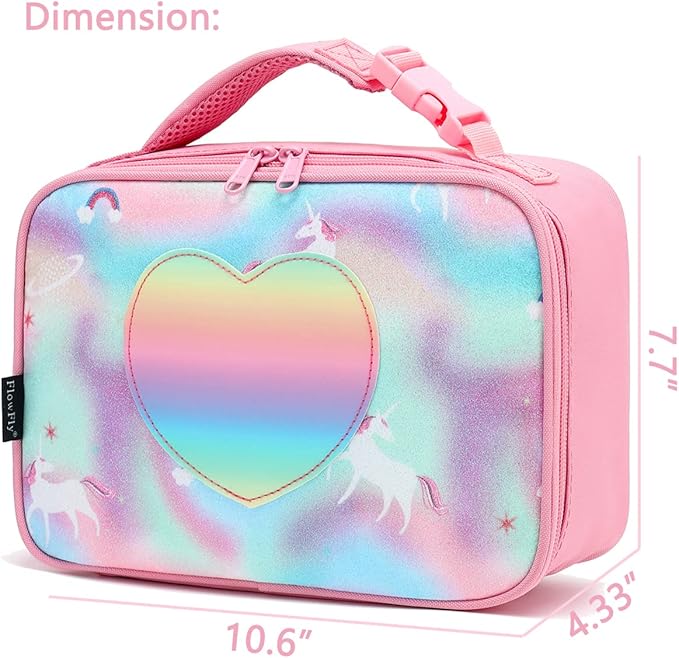 FlowFly Kids Lunch box Insulated Soft Bag Mini Cooler Back to School Thermal Meal Tote Kit for Girls, Boys, Glitter-Unicorn