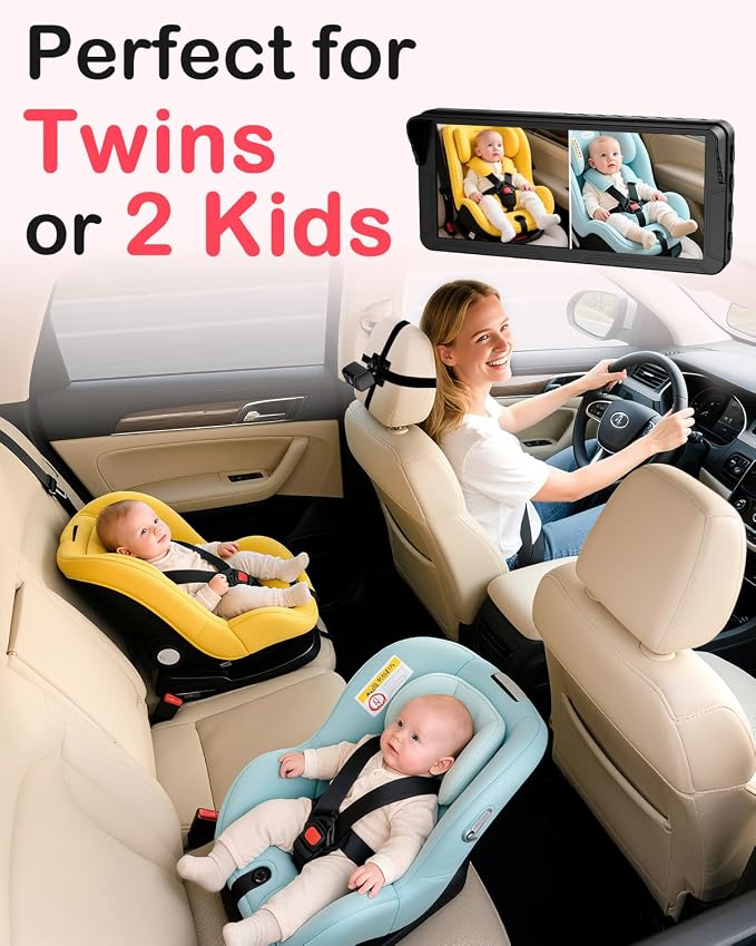 Rohent Dual Baby Car Camera for 2-Kids: 6.9'' HD Split Screen with Auto Brightness 1080P Backseat Camera for Twins Infrared Night Vision - 360° Adjustable USB Easy Setup Ideal for SUVs Minivans