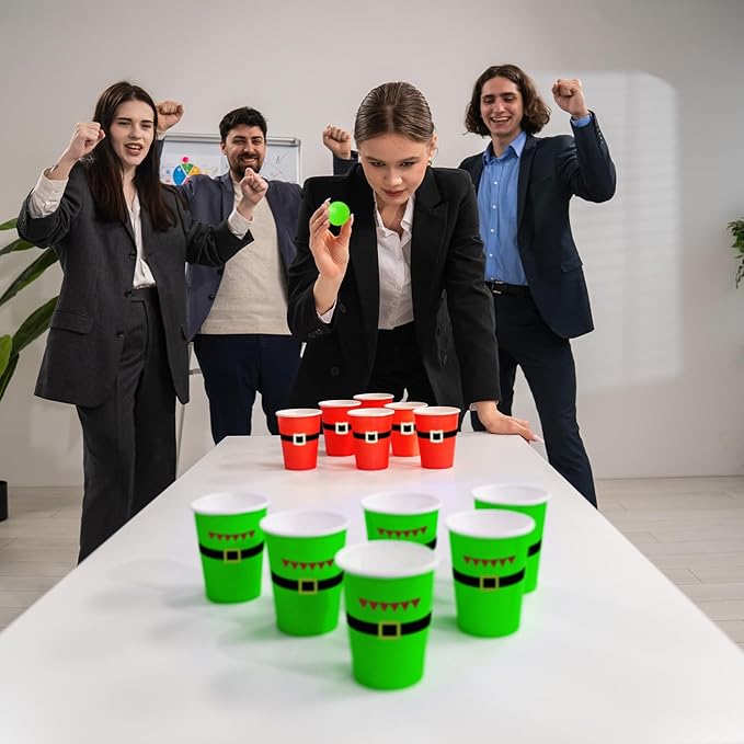 60 PCS Christmas Cup Pong Game Set - 16 Oz Red & Green Plastic Party Cups with 10 Red&Green Balls for Holiday Party Games, Family Gatherings, Christmas Party Supplies