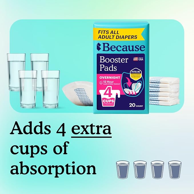 Because Overnight Booster Pads Fit All Adult Diapers, Helps Keep Your Adult Diaper Active All Night, Adds 4 Cups to Incontinence Underwear, Extra Absorbency, 88 Count