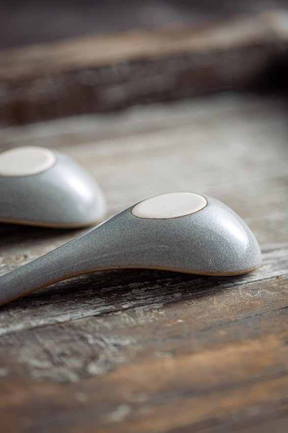 LYEOBOH Ceramic Asian Soup Spoons Set of 6, Ramen Spoons with Long Handle | Japanese Ramen Spoons with Deep Hook Design for Miso Rice, Chinese Soup Spoons for Kitchen, Dishwasher Microwave Safe, Gray