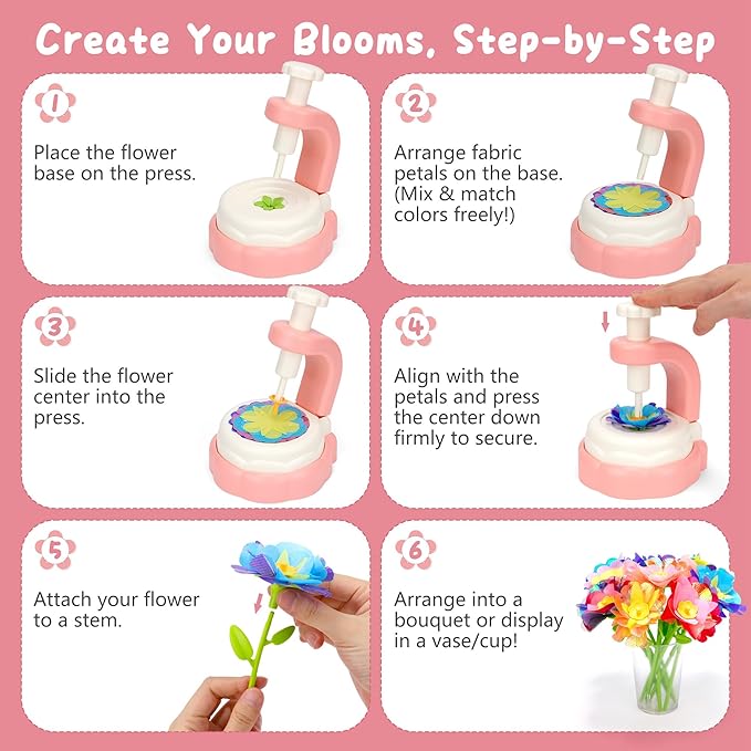 Aboofx Flower Making Craft Kit for Kids Age 3 4 5 6 7 8, Educational DIY Flower Craft Kits for Preschool Girls, Art and Crafts Activity Fabric Flower Bouquets Toys Gifts for Girls Birthday Christmas