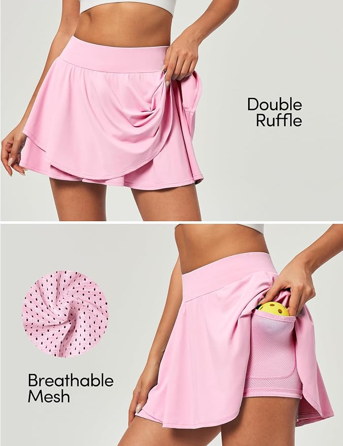 IUGA Tennis Skirt Pleated Skorts for Women with Pockets Skirts for Women | Double Ruffle Skort , Built-In Shorts, 2 Pockets, Tummy Control Breathable, Quick-dry, for Golf, Athletic, Running, Workout