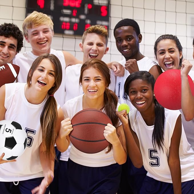 Soulchen 5 Pcs Multi Sport Ball Set for Teen Adult Official Size Soccer, Basketball, Football, Playground Ball, Tennis with Sport Equipment Bag Pump for Teen Adult Gift Back to School