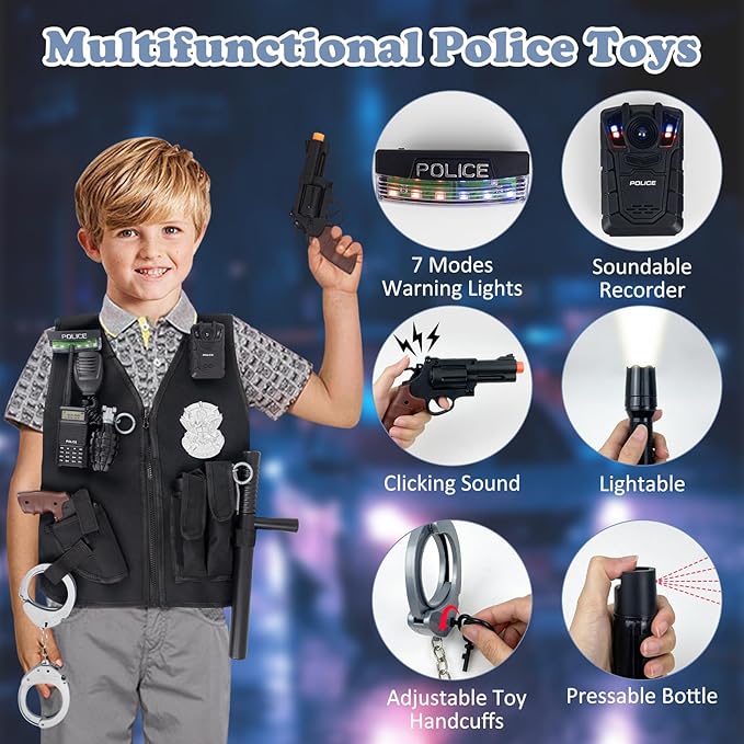 14Pcs Halloween Police Costume for Kids, Pretend Play Swat Vest with Toys Accessories, Role Play Cop Costumes Outfit Dress up Set for 4-6 6-8 Ages, Boys Halloween Costume