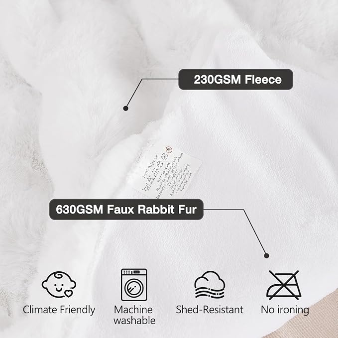 ORINOVA White Faux Rabbit Fur Throw Blanket for Bed Living Room 50x60 Thick Soft Throw Blanket Fluffy Bed Furry Best Housewarming Home Gifts 860 GSM