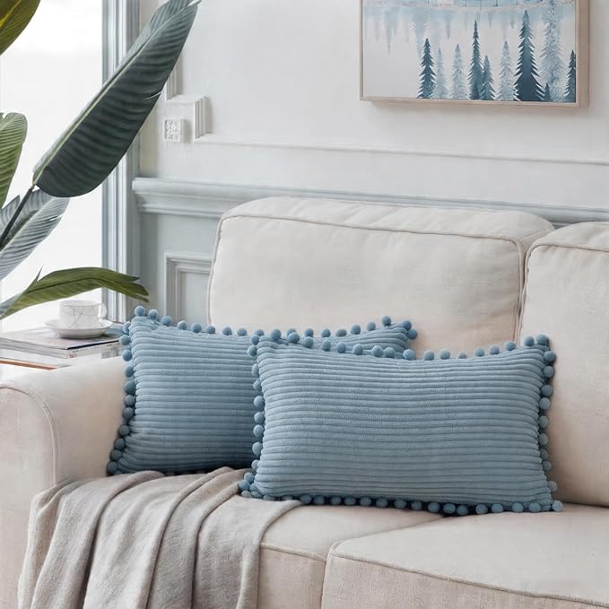 Fancy Homi Set of 2 Light Blue Lumbar Decorative Throw Pillow Covers 14x24 Inch with Pom-poms for Couch Bedroom Sofa, Farmhouse Boho Home Decor, Soft Corduroy Solid Baby Blue Cushion Case 35x60 cm