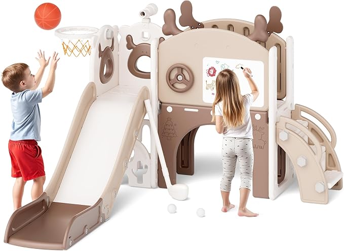 Mloong Toddler Slide for Kids - 11 in 1 Kids Slide for Toddlers Baby 1-3 Years Old, Indoor and Outdoor with Basketball Hoop Golf Drawing Set, Easy Assembly Elk Theme(Beige & Rosy Brown)(54×62×39in)