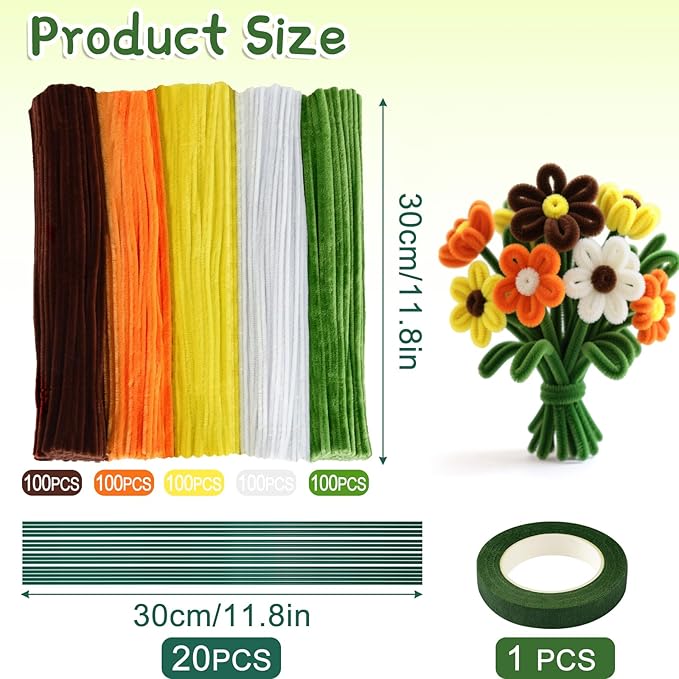 ASTARON 521 Pcs Pipe Cleaners Craft Set, 5 Colors Pipe Cleaners Bulk Pastel Chenille Stems for Craft Pipe Cleaner Flowers Making Kit with Floral Wires, Gardening Tape(Orange Yellow Brown)