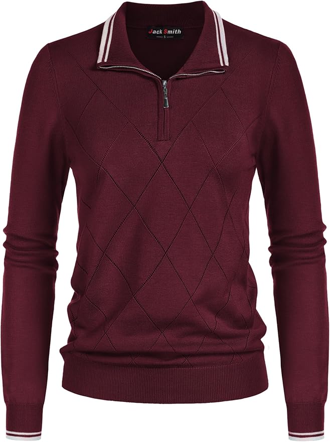 JACK SMITH Quarter Zip Pullover Sweaters for Womens, Rib Polo Sweater Tops | V Neck,Knit,Long Sleeve,Argyle,Open Pattern,Callar,Lightweight,Fashion,Golf Work Business Daily Wear Versatile Pullover Shirt